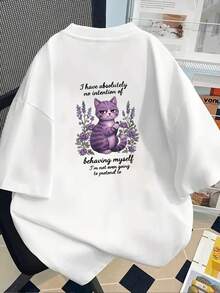 New Men's T-Shirt, 180g Weight, % Cotton, With A Design Of A Proud Cat, Double-Sided Pattern Of A Cat With Purple Stripes, Men's T-Shirt, Unique And Versatile, New Popular Style Of Men's Clothing, A Must-Have T-Shirt For Men With Front And Back Panels - Suitable For Layering In Spring And Autumn Or Alone In Summer, Unisex. - 白色 - 查看 2