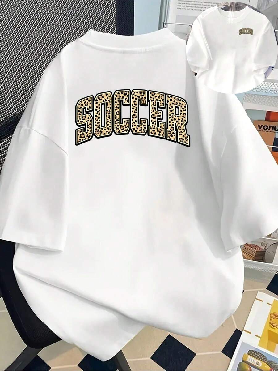 New 180g Short-Sleeved T-Shirt, 1% Cotton, With Leopard Print On The Front And Back - Football Leopard Print - Fashionable Printed T-Shirt For Women, Short-Sleeved, Suitable For All Seasons, Clothing - Can Be Worn As A Base Layer In Spring And Autumn Or Alone In Summer, Unisex. - 白色 - 查看 1