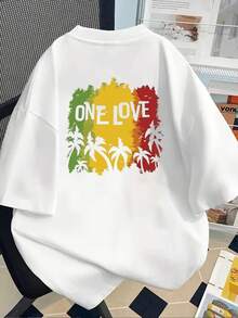 New 180g Short-Sleeved T-Shirt, 1% Cotton, With Front And Back Prints - One Love, Reggae Style - Fashionable Printed T-Shirt For Women, Your Best Choice! - Suitable For Layering In Spring And Autumn, Or Alone In Summer, Unisex Style. - White - View 2