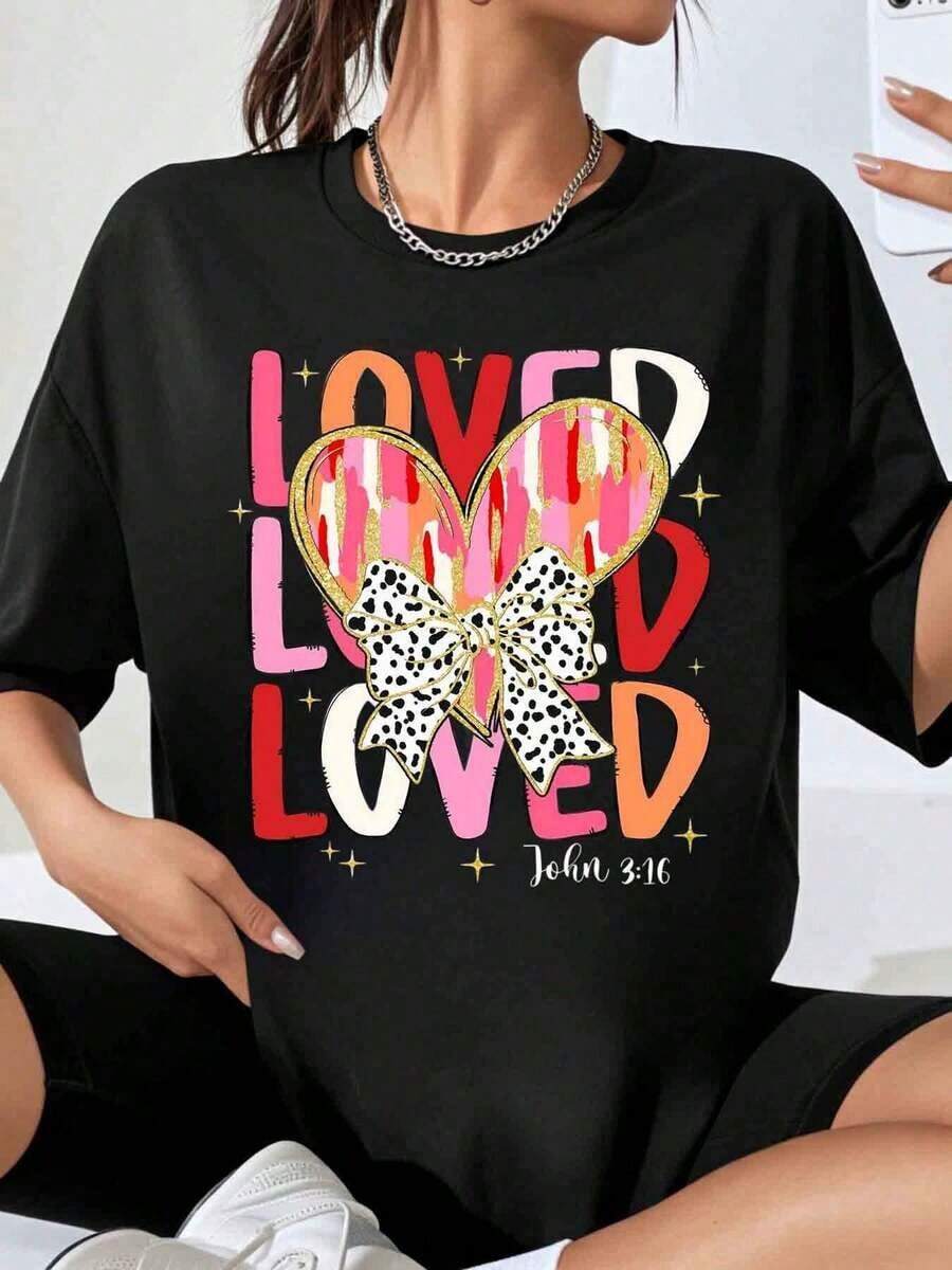 Christian T-Shirt With Heart And Ribbon "Beloved, Beloved, Beloved" (John 3:16) For Women, Fashionable Casual Top For Valentine's Day And Religious Events - 黑色 - 查看 1