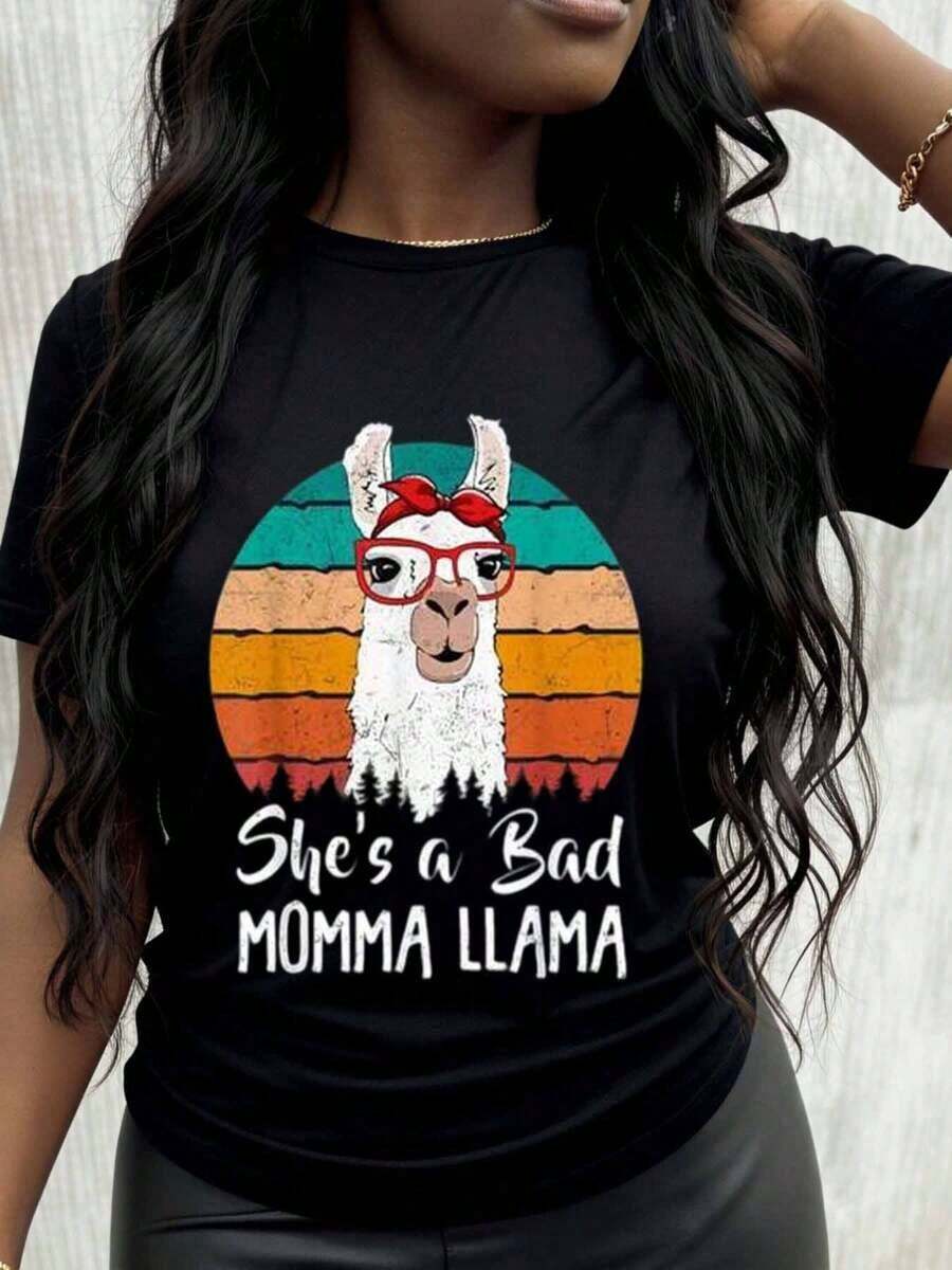 She's A Bad Mama Llama, Retro Vintage T-Shirt With Funny Llama Graphic For Women And Girls, Casual Wear, Gift Idea. - 黑色 - 查看 1