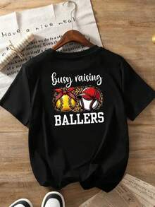 Short-Sleeved Baseball T-Shirt, Modern And Essential For Summer, With Prints On The Front And Back, Casual Round Neck Top With Mother's Day Print - Women's Clothing, Comfortable Fit, Classic Design, Short-Sleeved T-Shirt. - 黑色 - 查看 2