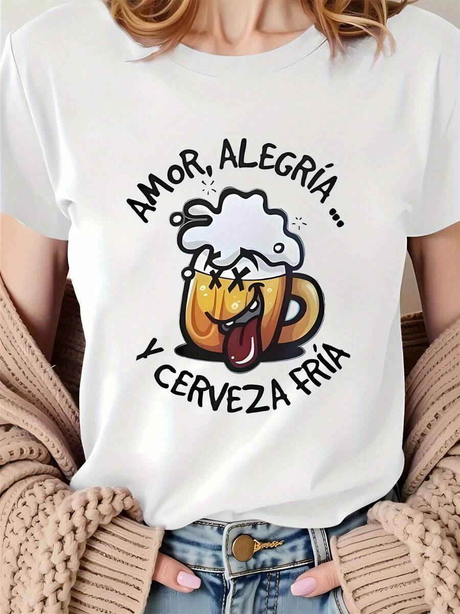 Women's Casual Sports T-Shirt - Breathable, Moisture-Wicking Fabric With Fun Beer Mug Graphic And Spanish Print "Love, Joy, And Beer" - Lightweight, Comfortable Fit For Everyday Wear And Social Gatherings, Sporty Style T-Shirt | Moisture-Wicking Shirt - 白色 - 查看 1