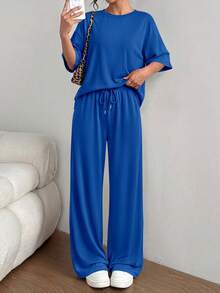 PRETTYGARDEN Women's Summer Clothes 2 Piece Sets Lounge For Short Sleeve Matching Airport Travel Outfits Casual Blue Vacation  Summer Brunch Blue Outfits For Women Mothers Day Outfit - 藍色 - 查看 4