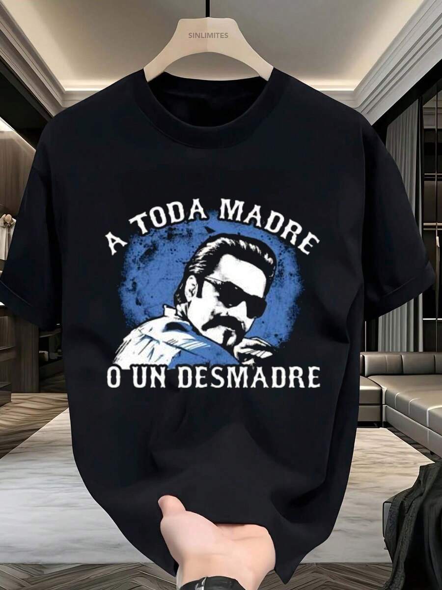 Camiseta de algodón gráfica estilo Y2K de México TODA MADRE O UN DESMADRE - Suave y cómoda, cuello redondo, manga corta con impresión de retrato en negrita, moda de streetwear hip hop para todas las estaciones, ropa casual de calle Camiseta de cuello redondo Camisa de algodón - Negro - Ver 1