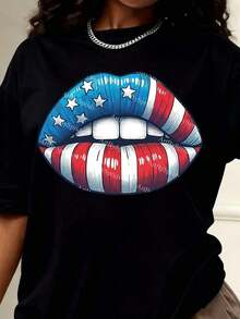 Plus-Size Women's T-Shirt With An American Flag Lip Design, Perfect For Independence Day Celebrations And Patriotic Events. Casual Everyday Wear, Crew Neck Style, Fashionable And Versatile, Machine Washable, Suitable For All Seasons. Cool Summer Clothing For Women. - 黑色 - 查看 2