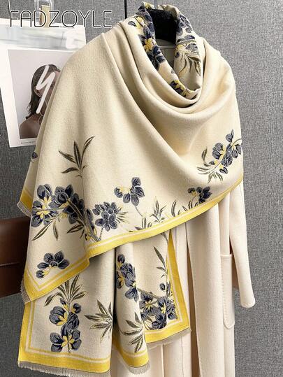 FADZOYLE 1pc Elegant Floral & Plant Pattern Jacquard Scarf Wrap Warm Versatile For Women, Suitable For Autumn/Winter,All Season Daily Matching And Decoration For Dress Accessories