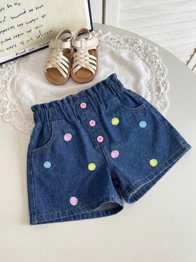 Shorts Denim Feminino Casual Fashionable com Bordado Floral e Cintura Alta com Bolsos, na Cor Rosa