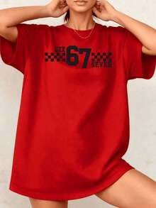 Gift 1 Piece Women's Camisole With Retro Vintage Plaid Graphic Print Number 67, Casual Sport Style, 100% Cotton, Round Neck - Vintage Urban Style, Unisex, Loose Cotton Short Sleeve Camisole With Round Neck. Soft - 紅色的 - 查看 6
