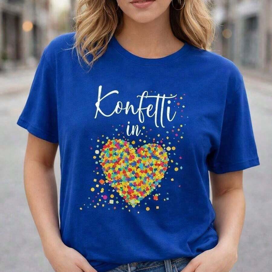 Women's Confetti Heart Print Cotton Cami, Sizes, Casual Graphic Cami, Short Sleeve Crew Neck, Soft And Breathable Cotton Blouse, Loose Fit Everyday Top, Colorful Confetti Design Cami For Women. - 藍色的 - 查看 1