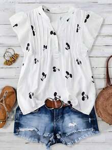 Blusa casual de manga corta con cuello con volantes y estampado de cerezas para uso diario y vacaciones - Blanco y Negro - Ver 6