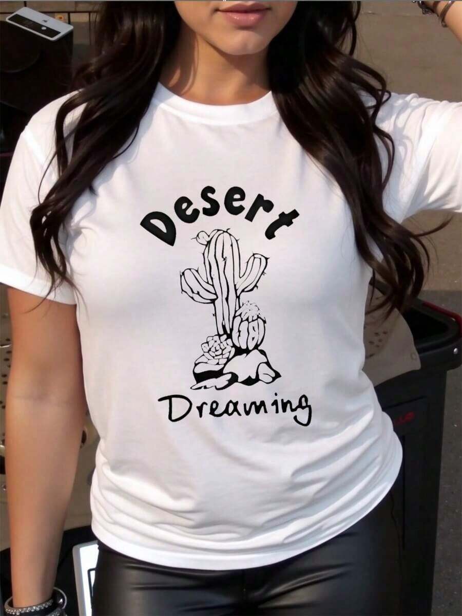 100% Cotton Women's Summer Casual Short Sleeve T-Shirt Desert Cactus Dream Regular Size Medium Stretch Knit Fabric Women's Simple Solid Color T-Shirt, Loose And Slim Fit Casual Short Sleeve - 白色的 - 查看 1