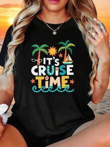 Relaxed And Sweet Outfits For Cruise Vacations. IT'S TIME TO CROSS. Plus Size Women's Spring-Summer T-Shirt With A Coconut, Sun, And Sailboat Print, Featuring A Round Neck And Casual Style. Creative Outfit, Comfortable For Everyday Outings. - 黑色 - 查看 7