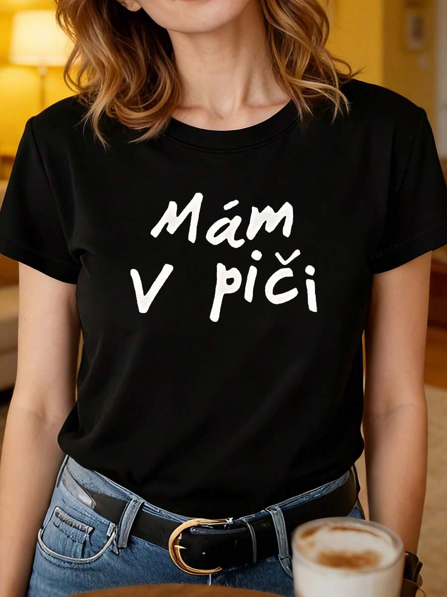 Plus Size Women's T-Shirt, Plus Size Women's T-Shirt With Czech Phrase "Mám V Pici" (I Have No One Anymore) - Casual Short Sleeve Round Neck Blouse, Spring And Summer Casual Clothing Suitable For Spring And Summer, Machine Washable, Czech Language - 黑色 - 查看 1