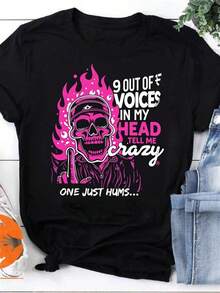 Black T-Shirt With Halloween Print - Skull And Pink Flame Pattern With The Text "Nine Out Of Ten Voices In My Head Say I'm Going Crazy", Loose Fit, Short Sleeve, Round Neck, Breathable Urban Casual Style T-Shirt, With A Bold Slogan, Suitable For Adults In All Seasons. - 黑色 - 查看 1