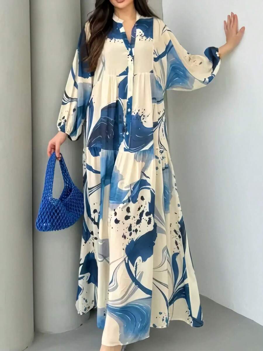 Women's Casual Maxi Dress, V-Neck With Abstract Print And Long Sleeves, Multiple Colors Available, Summer And Beach Dress - 藍色 - 查看 1