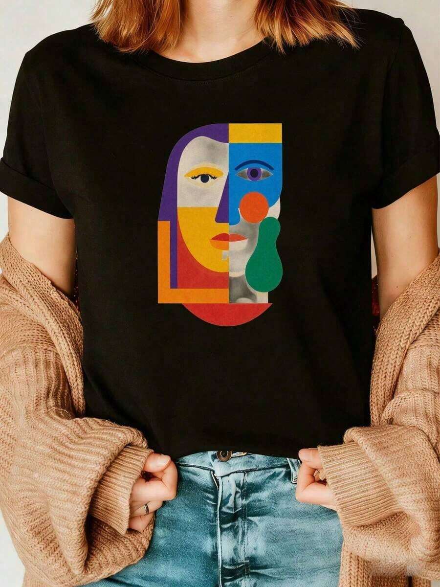 Wo's Premium And Elegant White T-Shirt, Decorated With Geometric Facial Patterns In A Combination Of Purple, Yellow, Red, Orange, And Blue Blocks, Accented With Green Teardrops And Red Circular Details. Paired With Blue Jeans And A Beige Cable-Knit Sweater Belt, This Casual And Stylish T-Shirt Is Perfect For Everyday Wear. A New Women's Summer T-Shirt, Casual And Comfortable With A Round Neck. Great Gift Idea. - 黑色 - 查看 1
