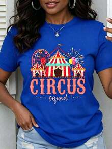 Women's Short-Sleeve Circus T-Shirt, Fun, With A Carnival-Themed Print, Ideal For Parties, Casual Summer Wear For Festivals And Events. Pretty Blouses, 100% Cotton. - 藍色的 - 查看 1