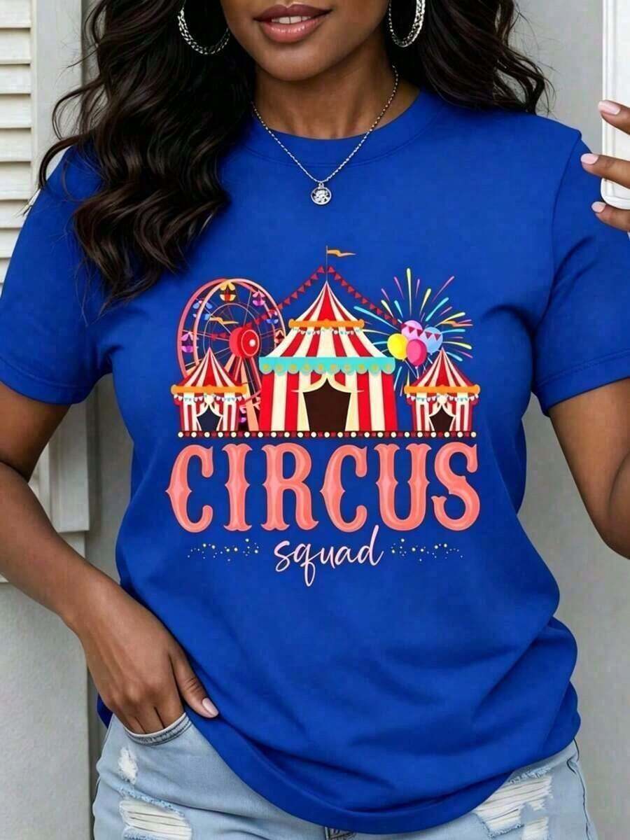 Women's Short-Sleeve Circus T-Shirt, Fun, With A Carnival-Themed Print, Ideal For Parties, Casual Summer Wear For Festivals And Events. Pretty Blouses, 100% Cotton. - 藍色的 - 查看 1
