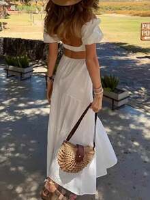 Long White Cotton Dress With Openwork And V-Neck, Spring Summer 2026 - 白色 - 查看 3