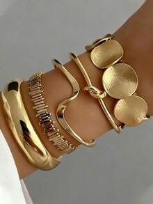 5pcs Elegant Minimalist Open Bangle Set, Fashion Layered Open Bangle Bracelet Combination, Versatile - Gold - View 4