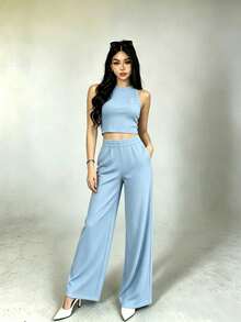 2-Piece Set Of Tank Top And Solid-Color Pants For Casual Holiday Wear - Blue - View 3