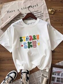Starry Sky T-Shirt With Checkered Lettering,  Short-Sleeved T-Shirt For Spring/Summer 2026, Made In Mexico, 180 Grams. Cartoon Print, Couple Design, Suitable For Indoor Or Outdoor Wear. Crew Neck, Unisex, Ideal For The Office And Leisure. One-Pack. - WH-P631577SLNDXZGY584 - 查看 3