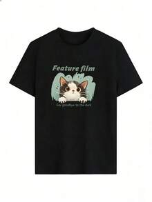 Cute Cat T-Shirt With "Feature Film" Text, Fashionable Short-Sleeved T-Shirt For Spring And Summer 2026, Made In Mexico, 180 Grams. Cartoon Print, Couple Design, Suitable For Indoor Or Outdoor Wear. Crew Neck, Unisex, Ideal For Office And Leisure. One-Pack. - BK-P631577SLNDXZGY609 - 查看 2