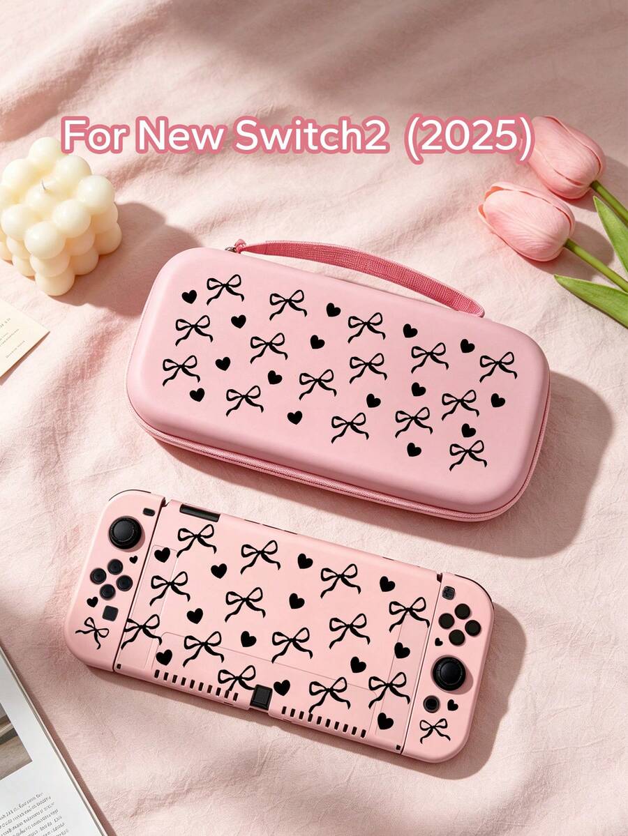 1pc Black Heart & Bow Pattern Protective Case, Storage Bag For Nintendo Switch 2 (2025), Switch OLED, Switch NS/Lite, Best Gift For Switch Gamers - Multicolor - View 1