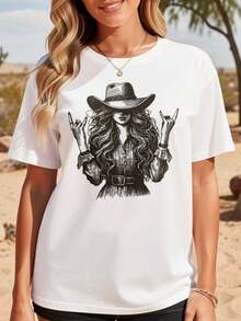 Women's Western Style T-Shirt With Hand Gesture Print, Casual Round Neck, For Music Festivals, Solid Color, Soft, For Everyday Wear, Versatile, Fashionable, Minimalist, Loose Fit. Suitable As A Gift. Women's T-Shirt. Blouses > Elegant. Boho Chic. Soft, Breathable, And Comfortable Women's Top, Ideal For Spring, Summer, And Autumn, Perfect For Vacations, Travel, And Everyday Wear. - 白色 - 查看 2