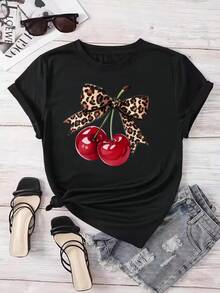 Women's Short-Sleeved T-Shirts, 100% Cotton, Round Neck,  Cherry Print T-Shirt, Short-Sleeved Round Neck T-Shirt, Casual Tops For Summer And Spring, Women's Clothing, T-Shirts. - 黑色 - 查看 4