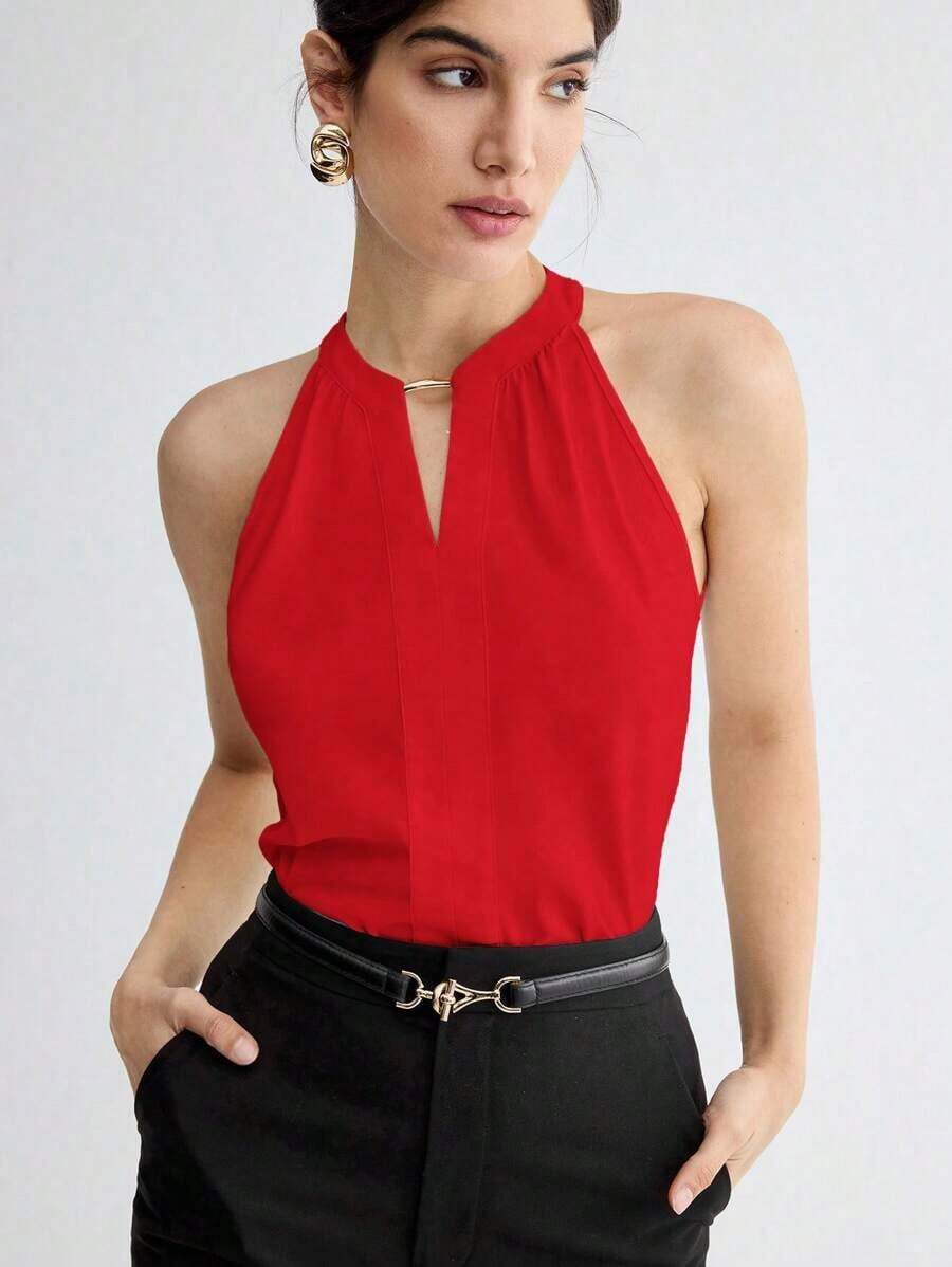 Nueva camiseta de tirantes elegante de cuello de ojo de cerradura de unicolor, versátil para el transporte urbano moderno, uso diario, retro romántico de los 90, adecuada para Navidad, Año Nuevo, San Valentín, fiesta, playa, graduación, moda, carn - Rojo - Ver 1