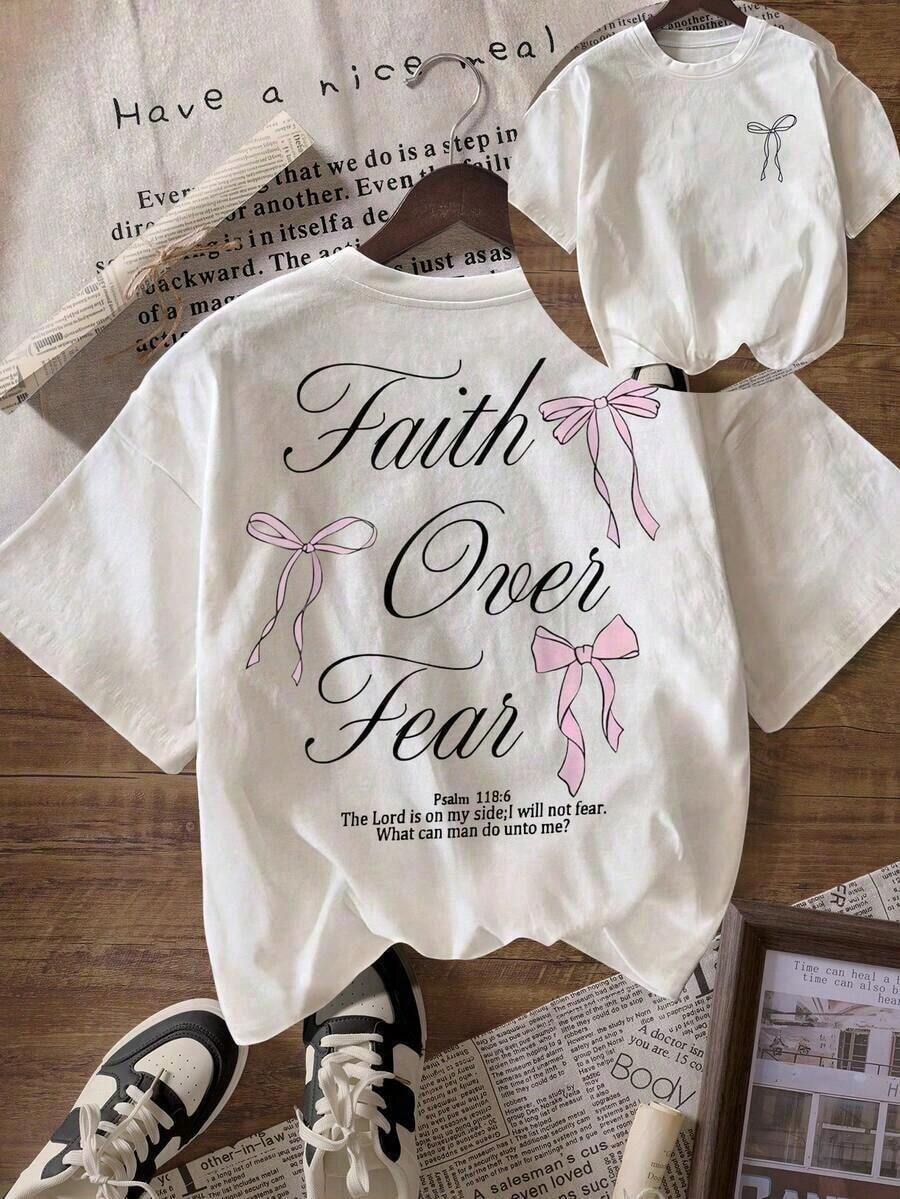 Women's Short-Sleeved T-Shirt With A Round Neck And Pink Bow Print With Slogan, Wrinkle-Resistant Cotton T-Shirt. Women's T-Shirts, Women's Blouses, Casual Blouses For Ladies - 白色的 - 查看 1