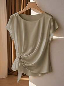 Blusa elegante de manga corta, cuello redondo, con volantes y lazo, color caqui, para primavera/verano - Caqui - Ver 8