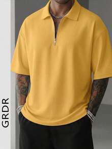 GRDR 男士夏季半拉鍊 Polo 短袖 T 恤，純色經典款，適合戶外休閒穿著 - 黃色 - 查看 6