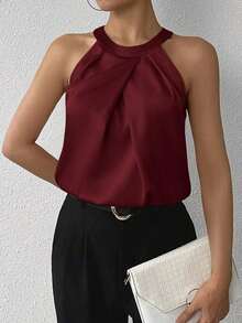 Privé Blusa de satén sin mangas con cuello de volantes de unicolor elegante para la oficina y el trabajo, color champán - Burdeos - Ver 5