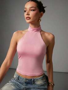 Top de tirantes ajustado y corto de color liso casual para mujer - Rosa - Ver 1