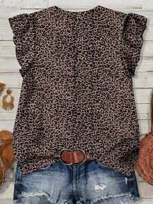 Blusa suelta de estampado de leopardo con cuello en V y mangas cortas, para mujer talla grande, ropa de vacaciones, ropa de verano, blusas de verano, ropa exterior, blusas de verano lindas, ropa de verano para mujer - Multicolor - Ver 2