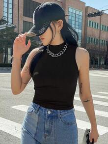 Camiseta de mujer de cuello alto, de unicolor, con ajuste ceñido y mangas cortas, de estilo casual - Negro - Ver 4