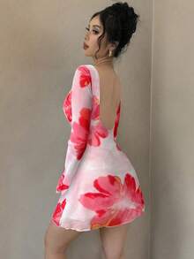 Vestido mini de malla con espalda abierta y estampado floral para mujer, vestido de manga trompeta para el Día de San Valentín, vestido con flores posicionadas, vestido mini de espalda baja, vestidos para vacaciones, vestidos de gran estampado floral para playa y vacaciones, vestido mini de manga de malla, apto para ir al trabajo, elegante, sexy, vacaciones, playa, Hawái, romance, citas, fiesta, concierto, disfraz para actuaciones, temporada de bodas, inicio de curso, Día de San Valentín - Multicolor - Ver 7