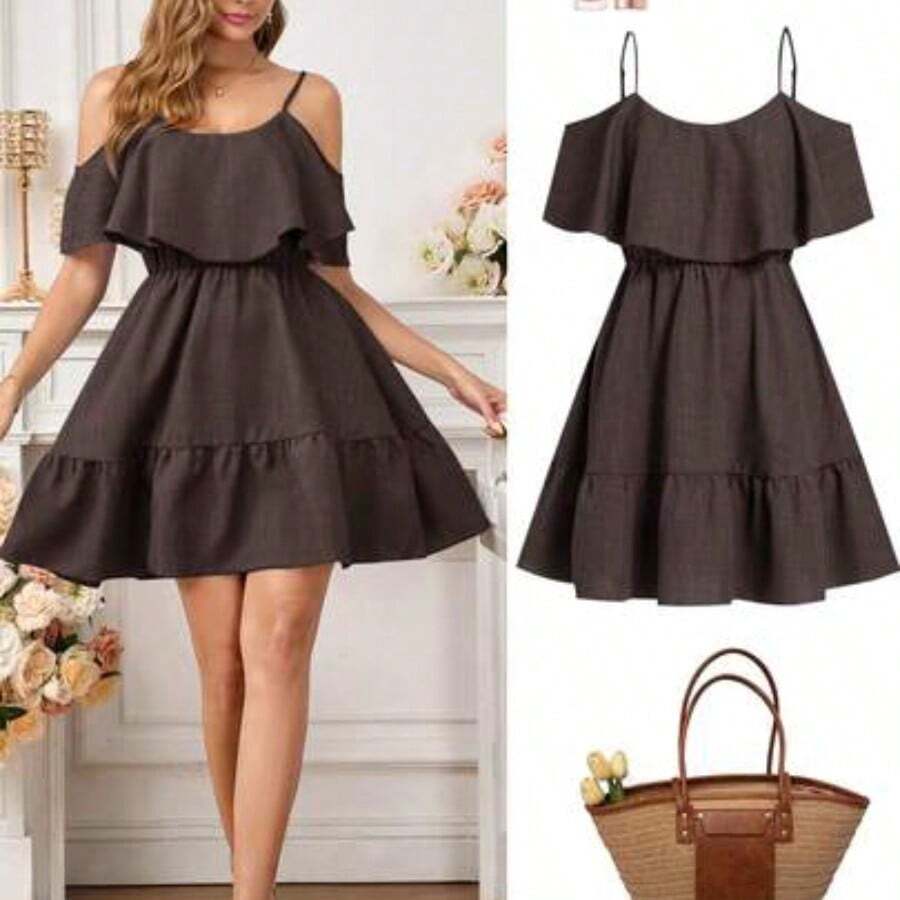 Vestido elegante de moda nuevo para mujeres con escote en el hombro, borde alto y cintura favorecedora, mini vestido ideal para vacaciones, salidas casuales, fiestas, meriendas y talla grande ocasiones de verano - Café integral - Ver 1