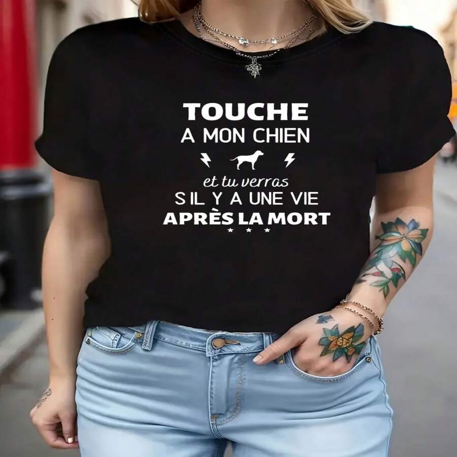 Camiseta informal de algodón para mujer, cuello redondo, manga corta y largo regular. - Negro - Ver 1