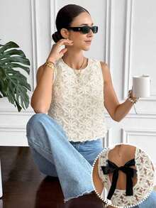 Blusa sin mangas casual y versátil con cuello redondo, decoración de moño y jacquard - Albaricoque - Ver 9