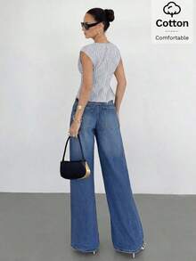 Camiseta de tirantes con estampado de rayas para mujer, ideal para el uso diario - Niebla azul - Ver 2