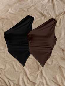 2 piezas de blusas de verano para mujer con dobladillo asimétrico y tirantes, color negro y rojo, adecuado para el verano - Multicolor 2 - Ver 6