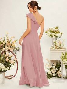 Vestido de dama de honor con un hombro y recorte de volantes, vestido elegante - Rosa vieja - Ver 2