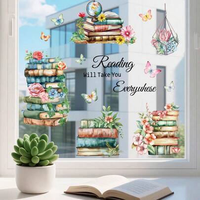 17 PCS Inspirational Reading Will Take Your Everywhere Window Clings, Watercolor Books Floral Back To School Classroom Stickers Decals Decorations, Library Playroom Home Decor Book Lover Gifts