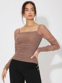 Camisa De Malla Plisada Con Cuello Brillante - Marrón Mocha - Ver 4