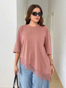 LUNE Camiseta de talla grande con parches de encaje y bajo asimétrico de unicolor - Rosa - Ver 6