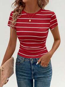 LUNE Conjunto deportivo de tiempo libre para atletismo, ciclismo, running, baloncesto - Camiseta casual cómoda de cuello redondo, ajustada, a rayas blancas y negras con recogido en la cintura, para mujer - Rojo - Ver 7
